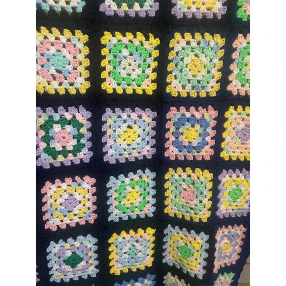 VTG Handmade Crochet Granny Square Afghan Blanket Rosanne Pastel Patchwork 44x54